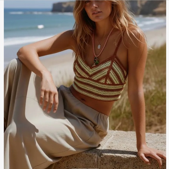 Zara Tops - NWT Zara Brown and Light Green Crochet Crop Top